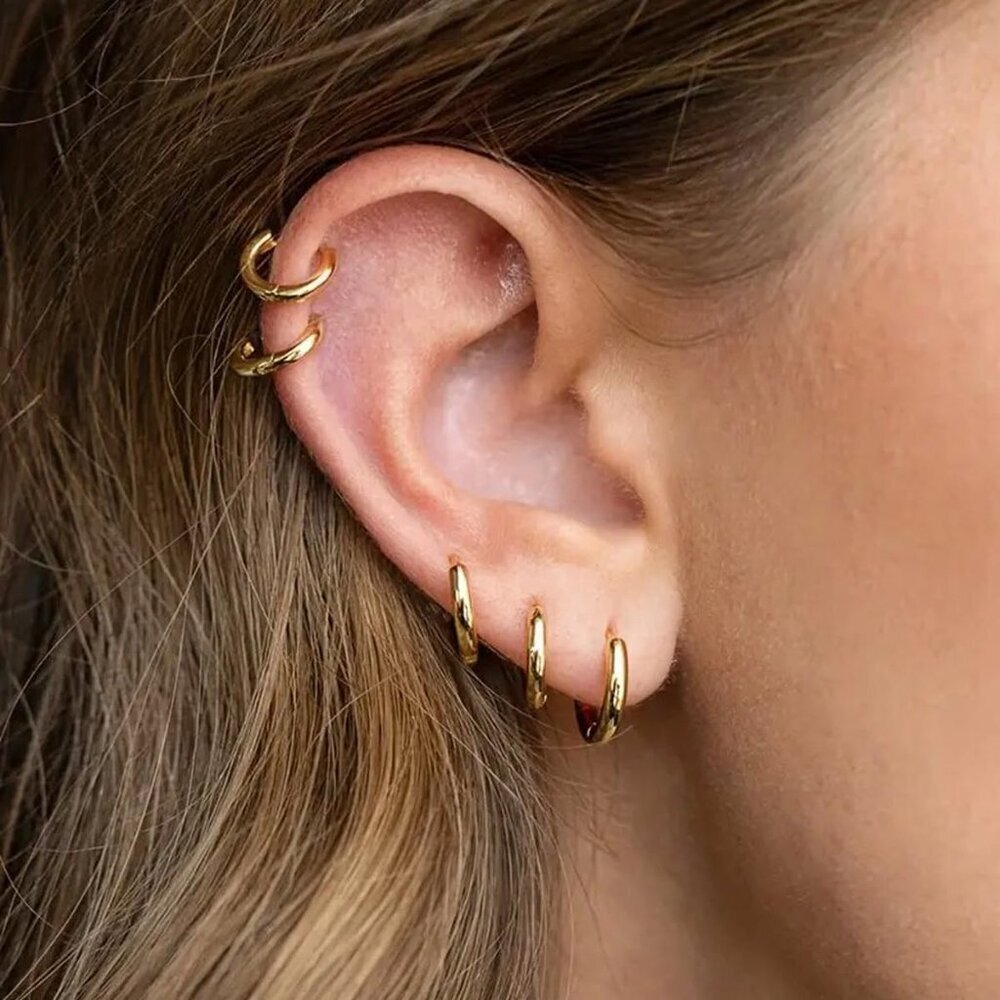 Gold Hoop Earrings Set 14k Gold Plated Small Cartilage Huggie Unisex Jewelry - Picture 3 of 8